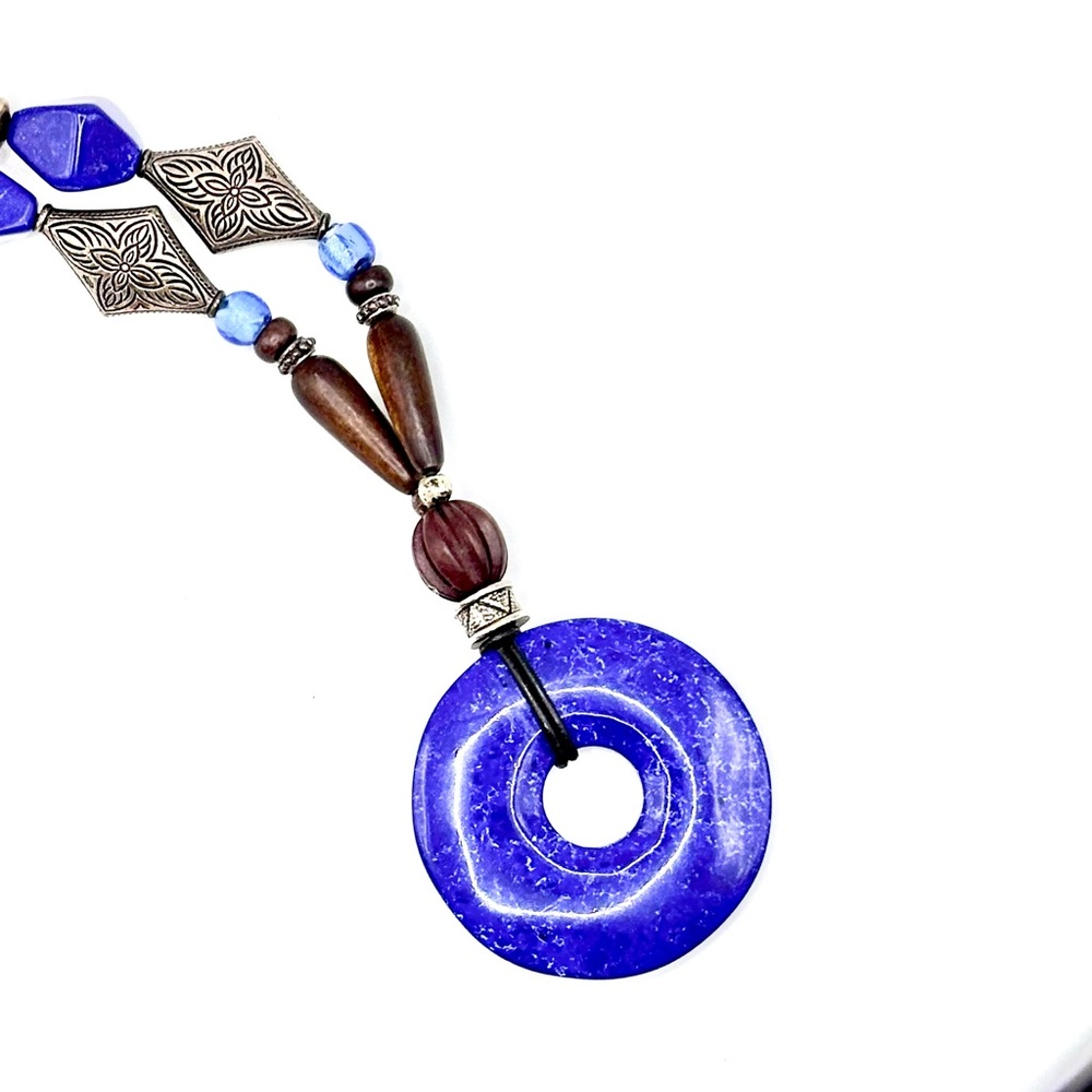 LOWER PRICE! Cobalt blue stone pendant & bead Boho necklace, approx 18 in